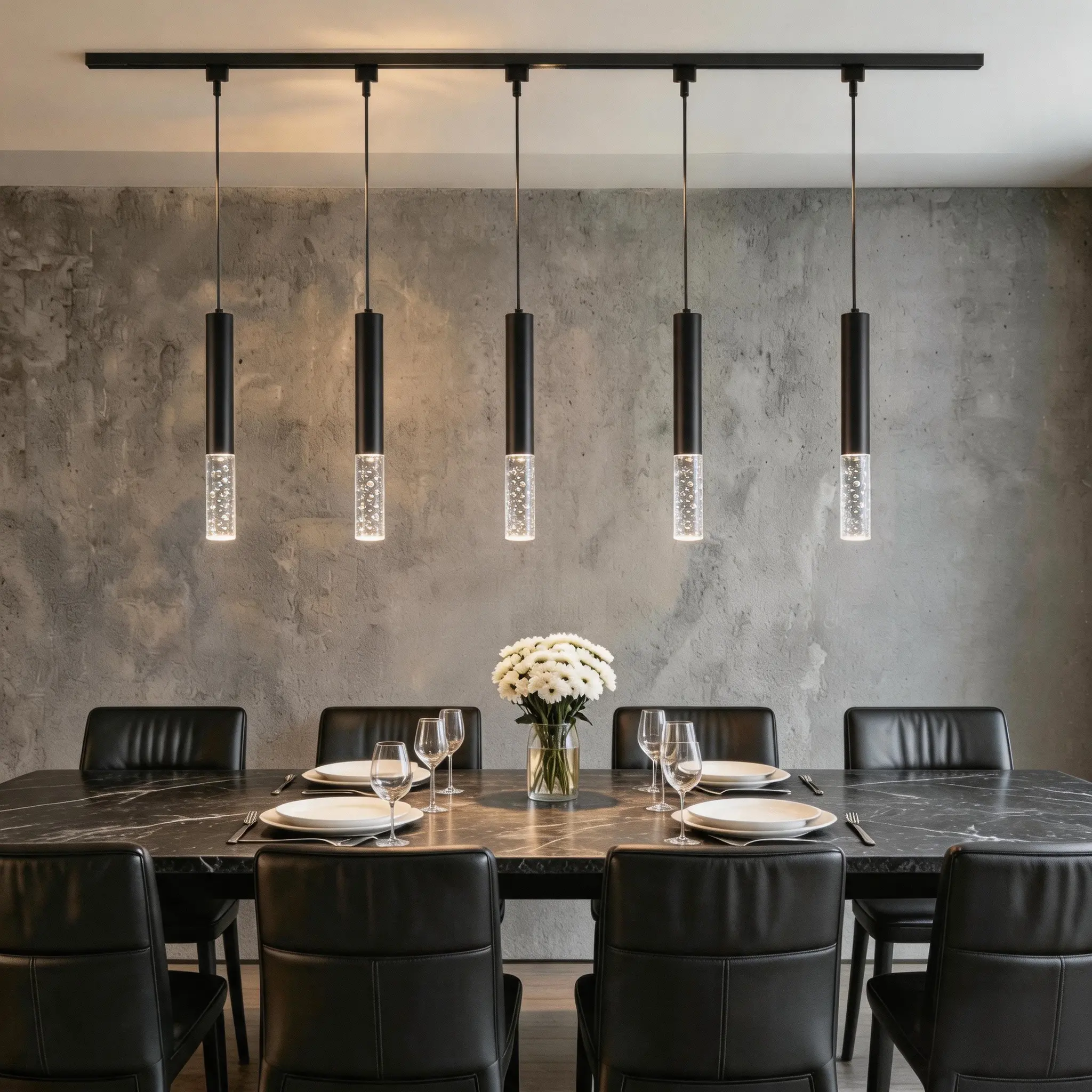 Kitchen Island 5 LED Black Track Pendant Light Kit, 120V 3CCT, 3-Light Acrylic Bubble Pendant Light with 9.84FT H-Type Rails, Modern Ceiling Light Fixture for Dining Room Living Room Cafe