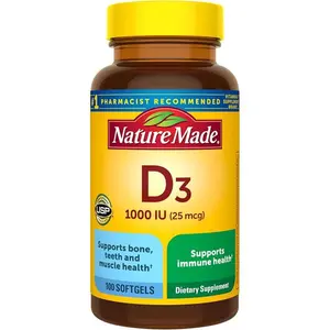 Nature Made Vitamin D3 1000 IU (25 mcg), Vitamin D Supplement for Bone, Teeth, Muscle and Immune Health Support, 100 Softgels, 100 Day Supply
