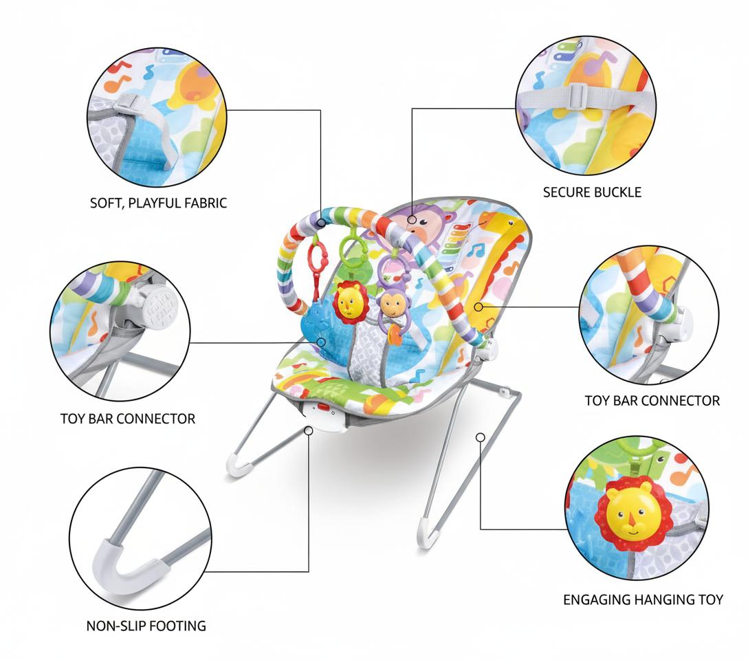 Baby Bouncer Soothing Vibrations Infant Seat - Removable Toy Bar, Nonslip Feet, 0-6 Months, Multi-Position Recline, Soft Padded Seat, Colorful Animal Patterns