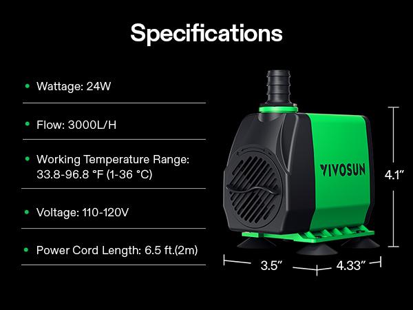 VIVOSUN 800GPH Submersible Pump(3000L/H, 24W), Ultra Quiet Water Fountain Pump with 10ft. High Lift with 6.5ft. Power Cord, 3 Nozzles for Fish Tank, Pond, Aquarium, Statuary, Hydroponics