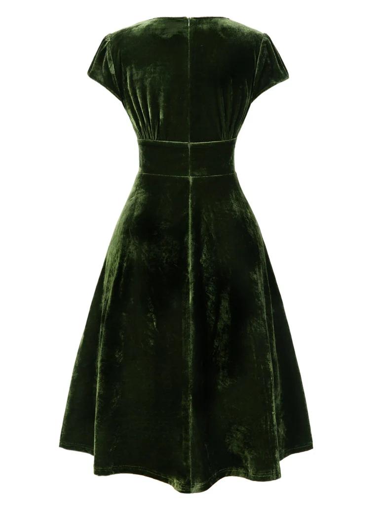 1940s Deep V-Neck Pearl Velvet Dress with Fur Buttons Vintage Casual Polyester Green Womenswear