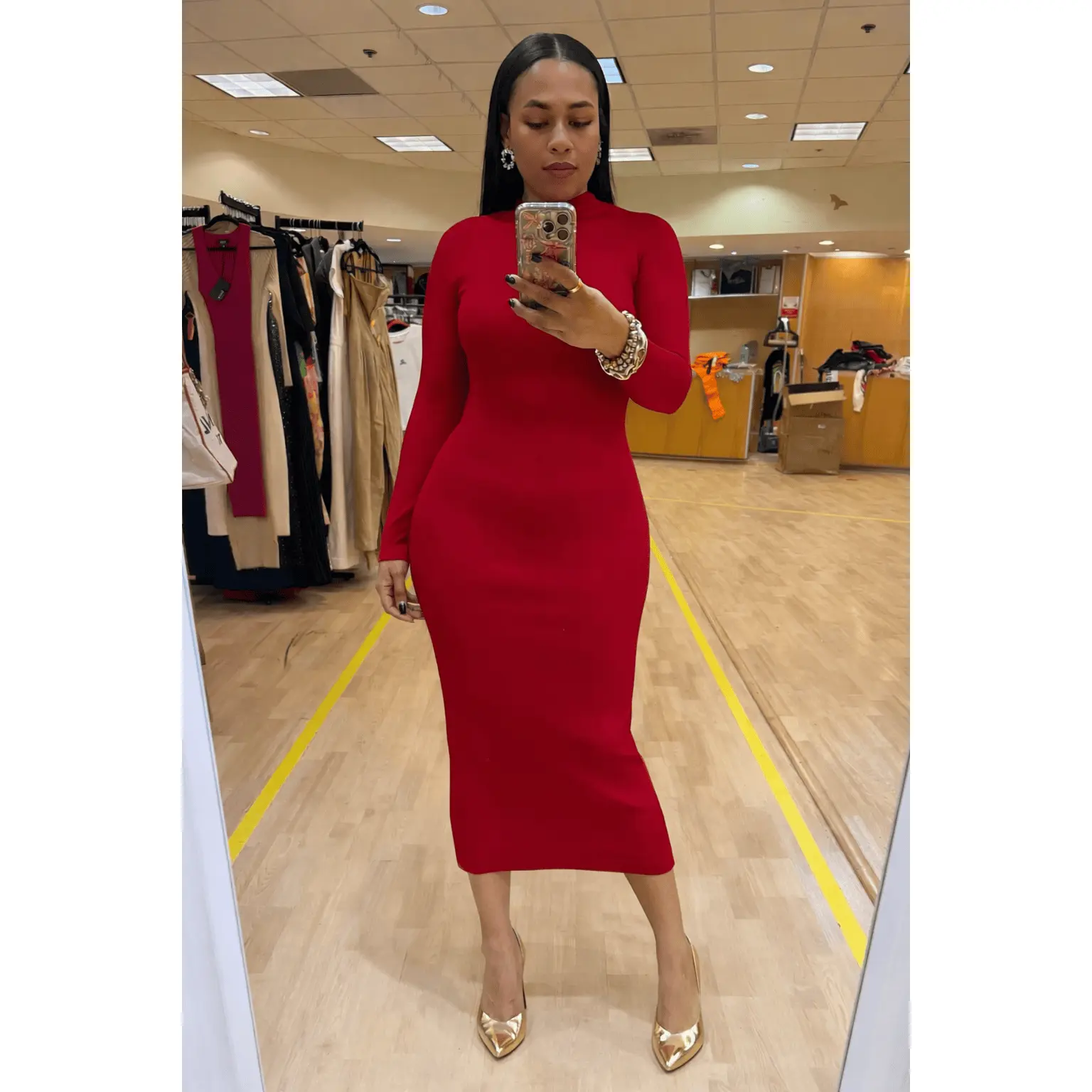 DOUBLE LAYERED MOCK NECK MIDI DRESS (RED) - TikTok Shop