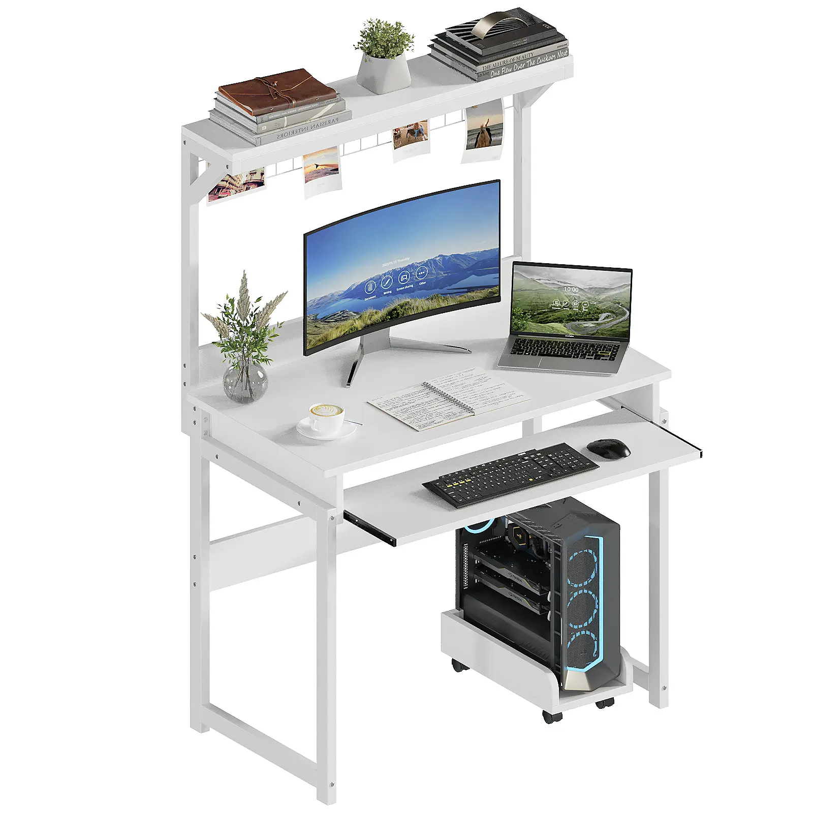 ALISENED Gaming Desk Study Table Modern Writing  with Storage Shelves brown legs work from home desk Display Organize Space Saving Sturdy Computer Working Desk  Computer Office Desk Wooden Desktop Ergonomic Desk