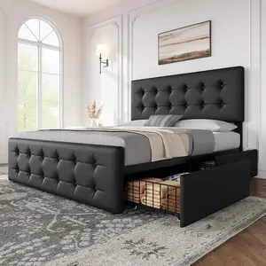 Queen Size Bed Frame with 4 Drawers and Adjustable Headboard,Black PU Leather Upholstered Platform Bed with Button Tufted Design, No Box Spring Needed, Strong Wooden Slats