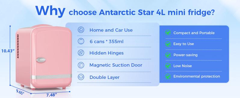 Antarctic Star 4L Mini Fridge Thermoelectric Cooler & Warmer, Portable Cooler for Skincare/Meds/Drinks, 12V DC/120V AC, 15-20℃ Cooling & 55-65℃ Heating, Pink