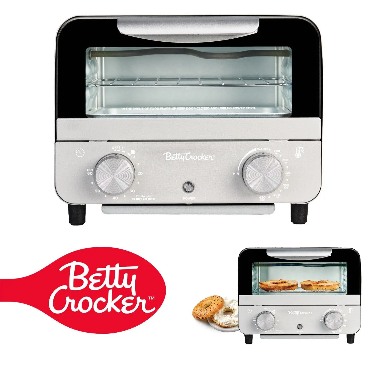 Betty Crocker Mini Toaster Oven - Small Oven for Dorm Users, Compact Countertop Kitchen Appliance, 7-Liter Size, 750W, Adjust Timer, Bake Toast, Includes Baking Tray & Rack