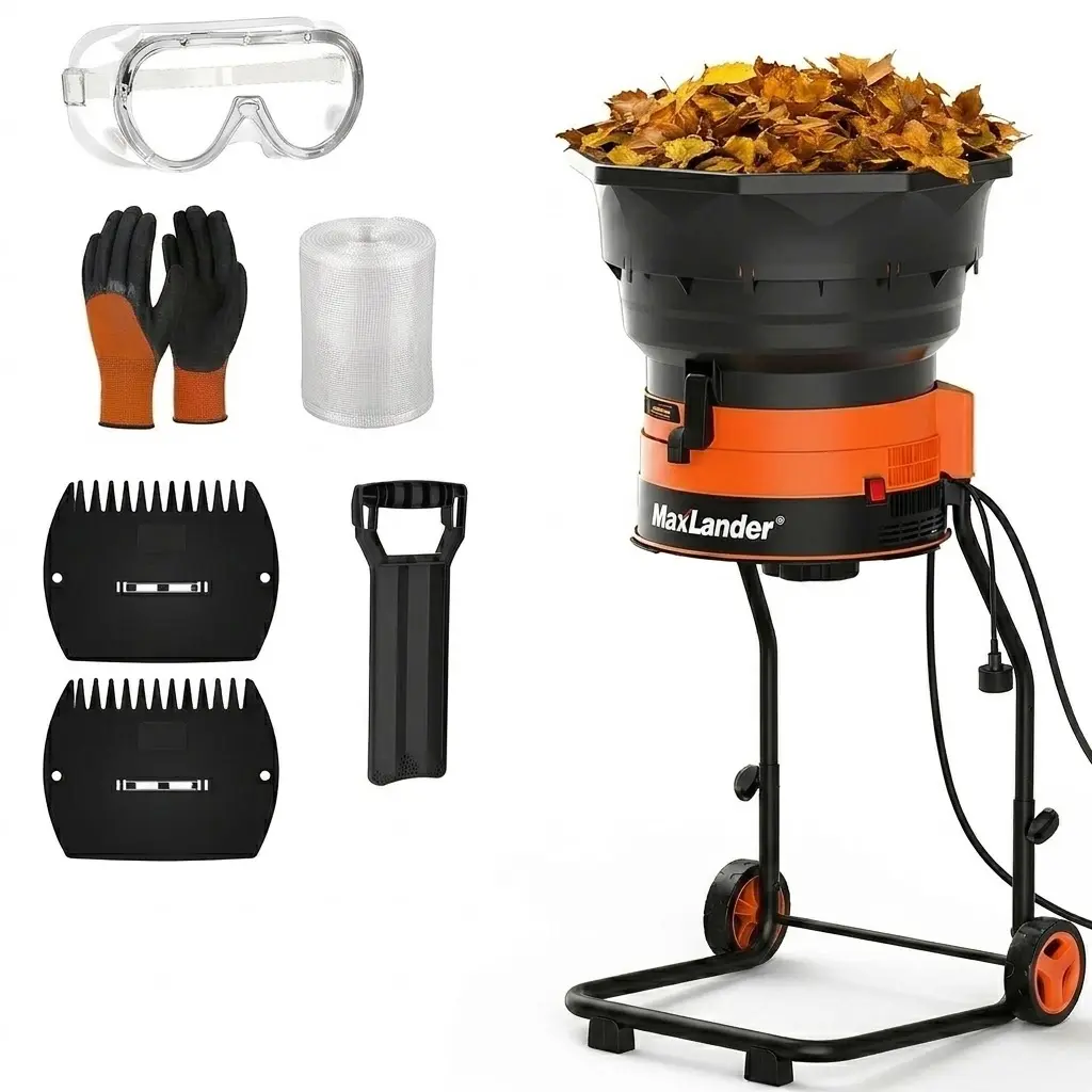 MAXLANDER 15A Electric Leaf Mulcher and Shredder, 8400 RPM Portable Garden Chipper with 18:1 Reduction Ratio & 55 GPM, Adjustable Dial Grinder for Wet/Dry Leaves, Includes Complete Tool Kit (Goggles, Gloves, Scoops, Spade, 20 Cutting Lines)
