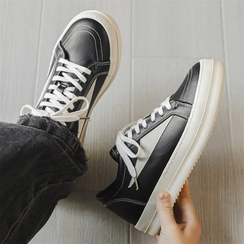 Mens Low Top Sneakers Chunky Platform Thick Sole Leather Splicing Contrast Stitching Flat Laces Round Toe Skate Shoes Casual Board Shoes Y2K Retro Streetwear Height Increasing Footwear
