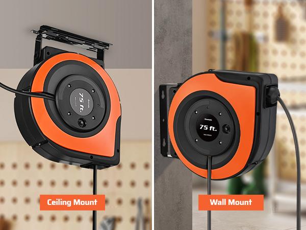 DEWENWILS Retractable Extension Cord Reel, 75 FT Heavy Duty Power Cord, 14/3C SJTOW, Lighted Triple Tap Outlets, 10A Circuit Breaker, Wall/Ceiling Mounted for Garage, Workshop, UL Listed, Cable Wall-HCRA75A DEWENWILS Retractable Extension Cord Reel, 75 FT Heavy Duty Power Cord, 14/3C SJTOW, Lighted Triple Tap Outlets, 10A Circuit Breaker, Wall/Ceiling Mounted for Garage, Workshop, UL Listed, Cable Wall-HCRA75A