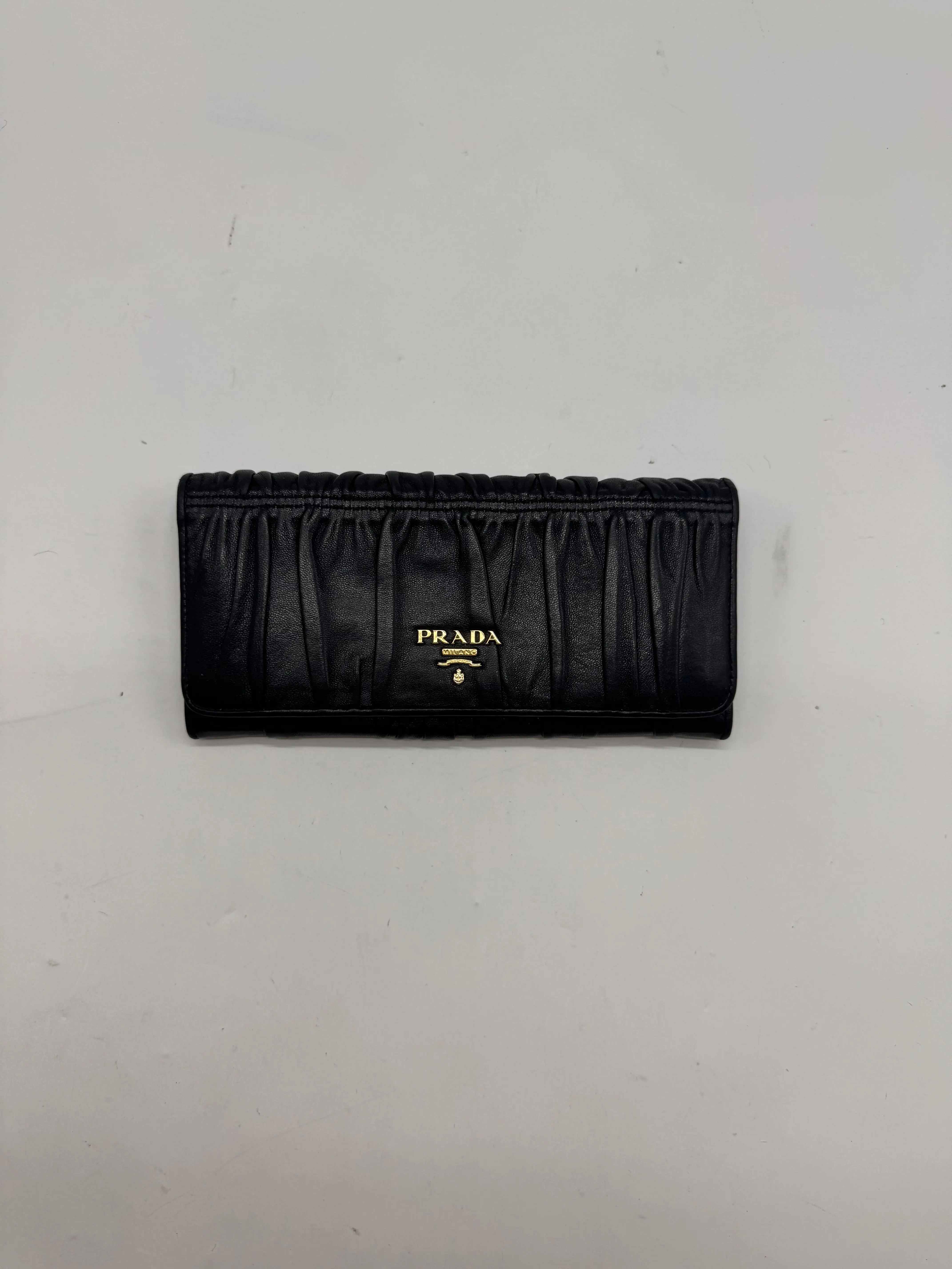 Pre-owned PRADA Black Gathered Leather Long Flap Wallet with Gold Logo