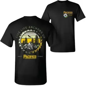 Pacifico Beer T-Shirt, 2 Sides Live Life Anchors Up Mountain Graphic Tee, Gift for Outdoor Lovers & Beer Fans