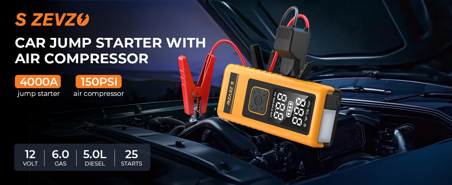 14000mAh Ultra-Safe Jump Starter with 150 PSI Air Compressor 45W Fast Charging Tire Pressure Check LED Light Jumper Cables Air Hose Storage Bag 4-in-1 Charging Cable