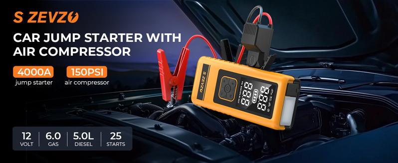 14000mAh Ultra-Safe Jump Starter with 150 PSI Air Compressor 45W Fast Charging Tire Pressure Check LED Light Jumper Cables Air Hose Storage Bag 4-in-1 Charging Cable