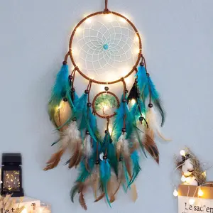 Dream Catcher Blue Tree of Life with Feathers Mobile LED Fairy Lights Handmade Indians Traditional Circular Net Wall Hanging