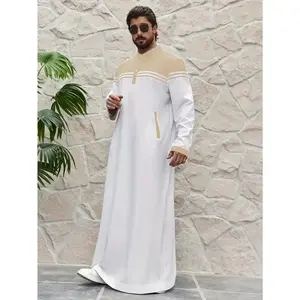 Middle Eastern Muslim College Style Men's Color-Matching Button Pocket Splice Shirt Thobe Beige Chic