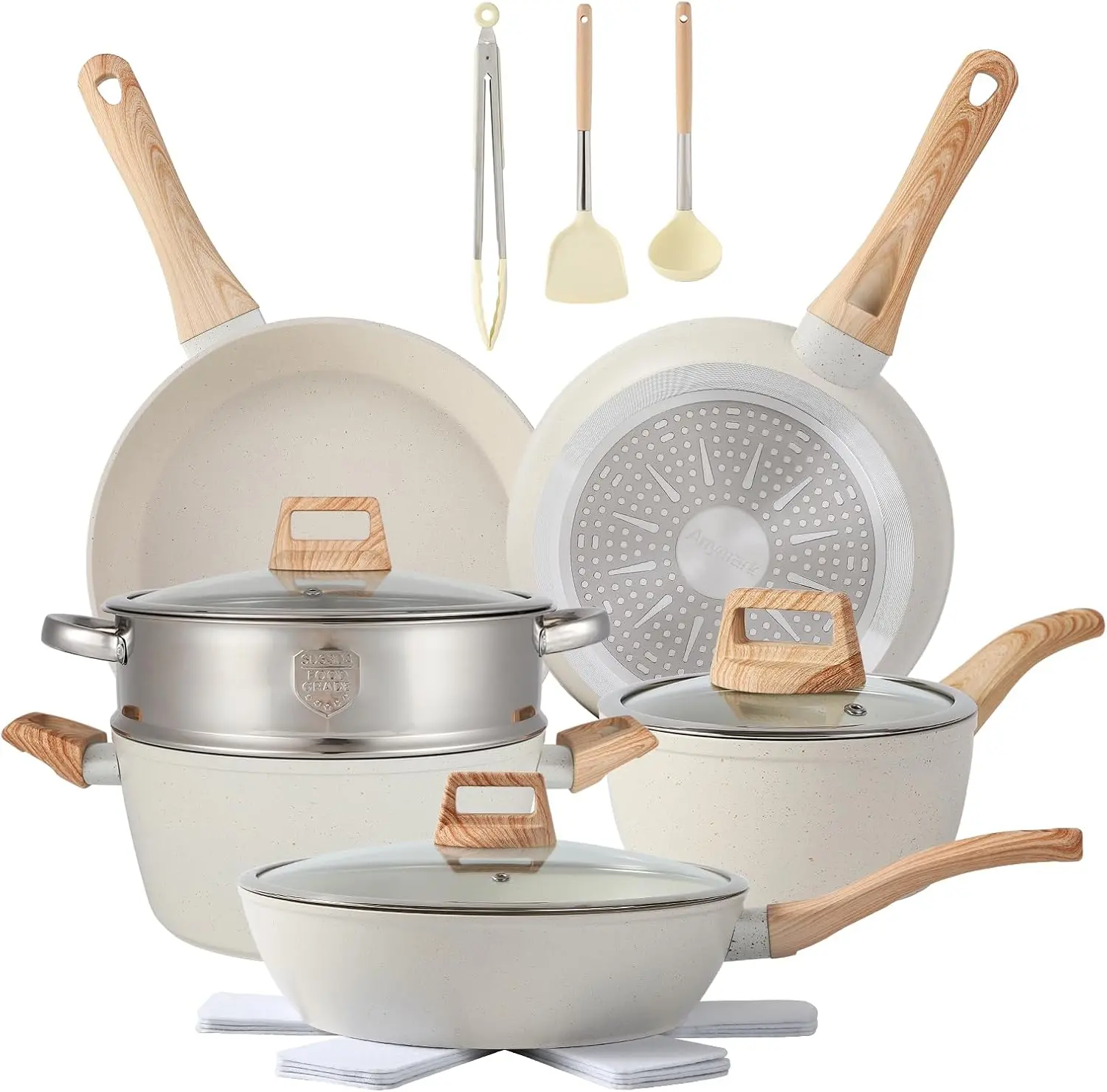 16PCS Pots and Pans Set Non Stick Cookware Set with Cooking Utensils – White Granite, Durable Bakelite Handles, Easy to Clean