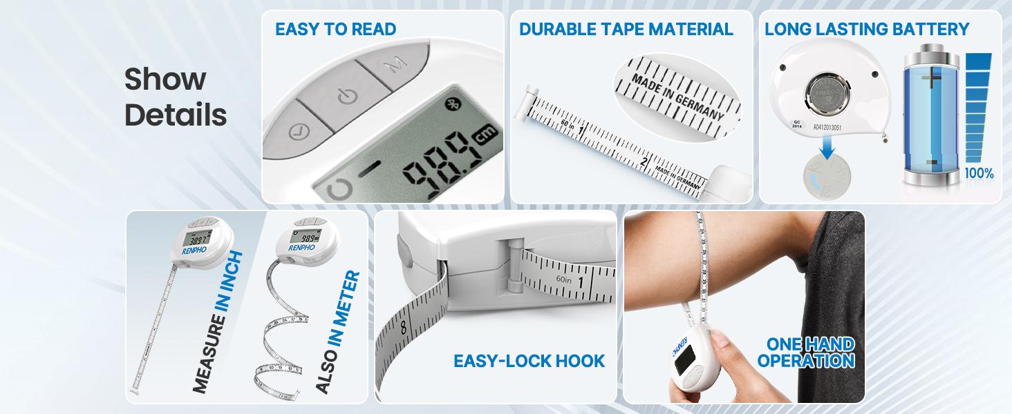 RENPHO Body Measuring Tape, Smart Tape Measure with Bluetooth App, Spring Glow Up Automatic Retractable Tape, Measuring Waist, Hip, Bust, Arms, 60in/150cm Gym Gift