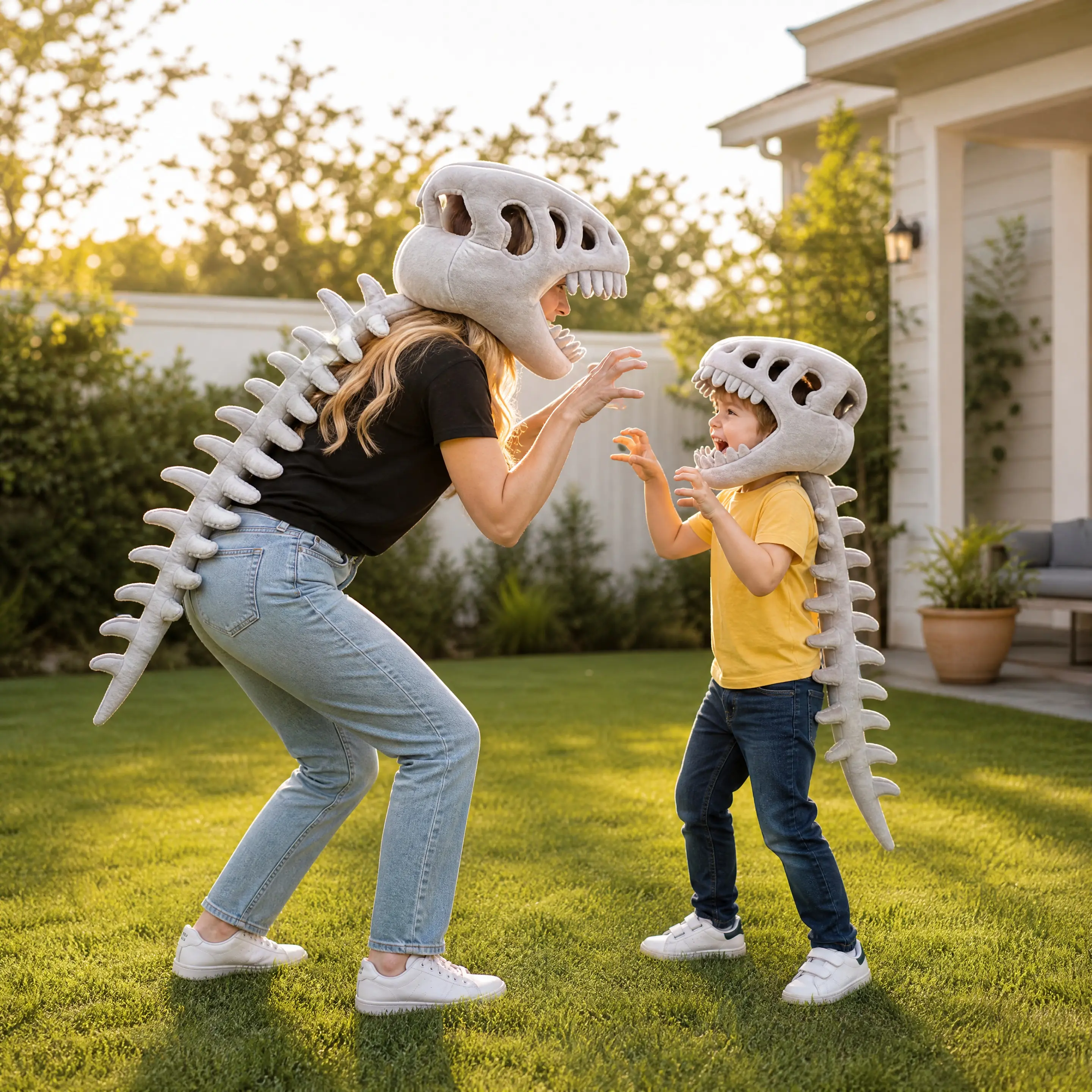 Dinosaur Skeleton Costume with 3D Spinosaurus Mask & Plush Spine - Adult/Kid Dinosaur Skeleton Mask Party Hats for Costume Use, Funny Videos, Halloween - Machine Washable Festive Party Accessory