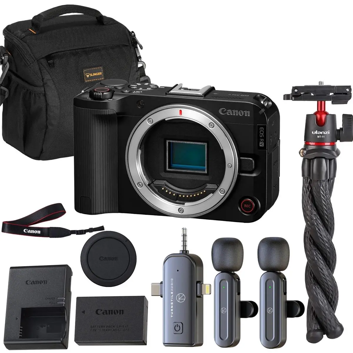 Canon EOS R50 V Mirrorless Camera Body | 4K Video, Dual Pixel AF, Flip Screen | Vlogging Kit w/ Wireless Lavalier Microphone Set, Octopus Flexible Tripod & Slinger Shoulder Bag