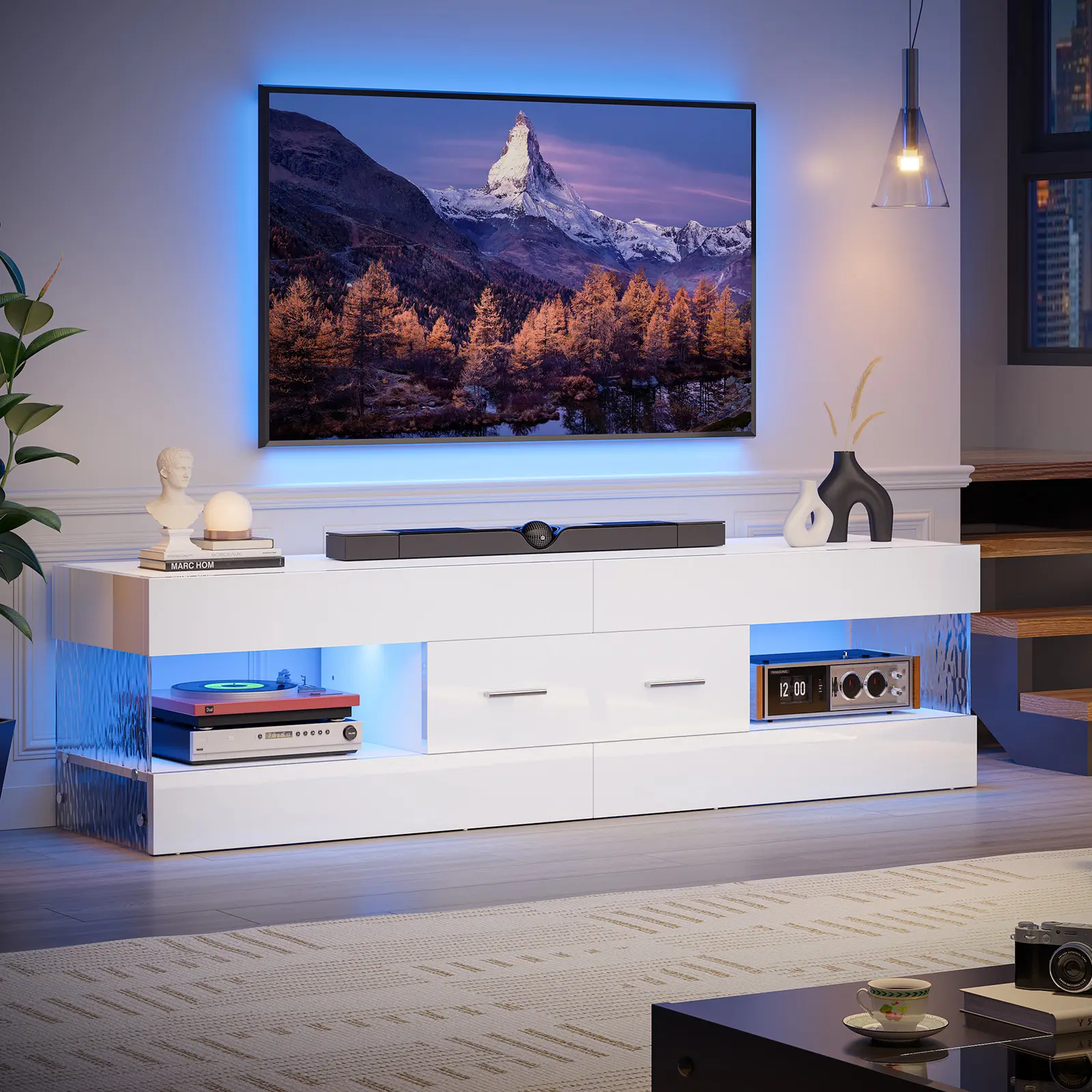 Bestier 60" High Gloss LED TV Stand - Modern Gaming Media Console with Storage Drawer, RGB LED Lights, Water Ripple Acrylic Side Panels, Fits Up to 65" TV - Furniture for Living Room, Man Cave, Apartment (Room Decor), Living Room Furniture