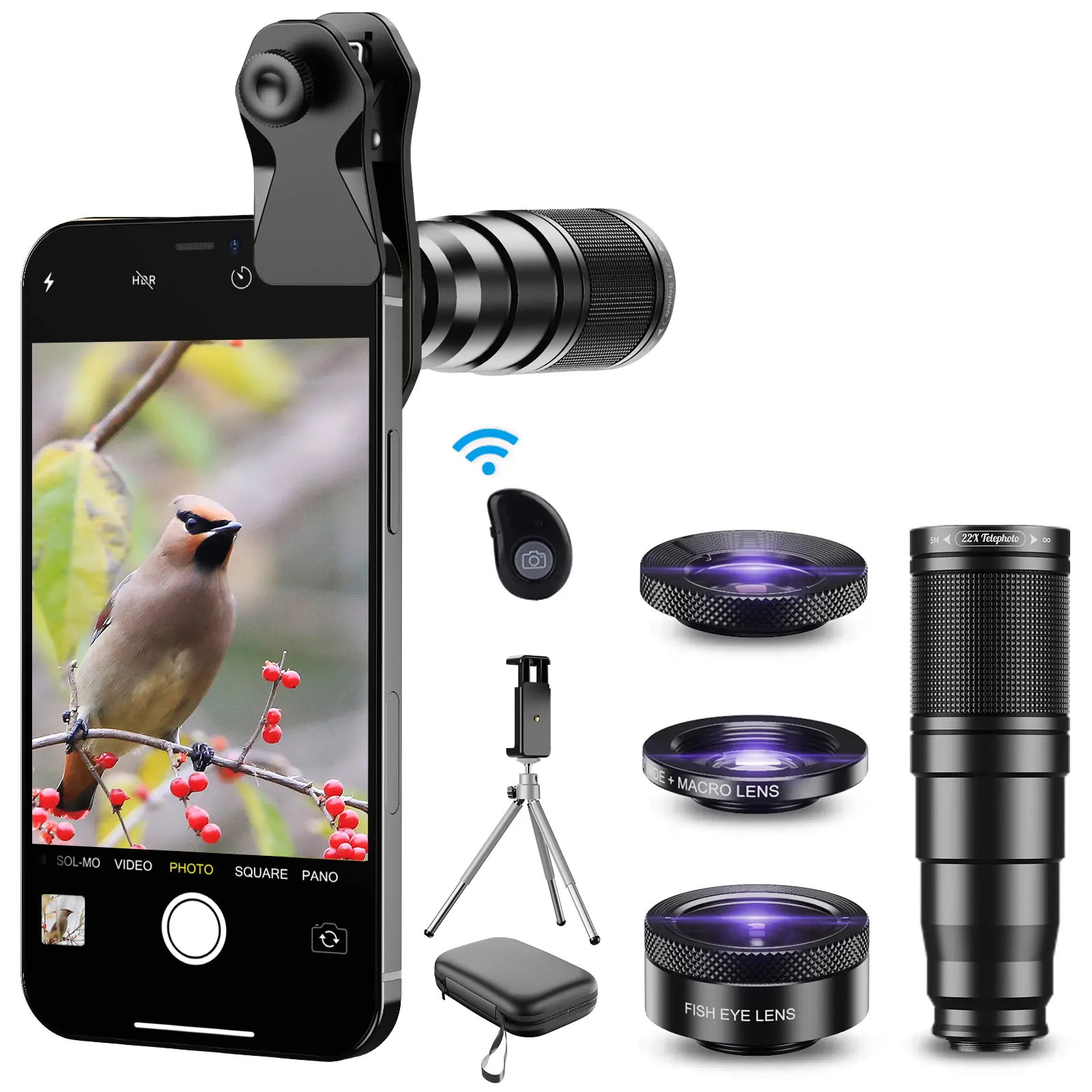 APEXEL 6-in-1 Pro Smartphone Lens Kit - 22X Telephoto Lens, 205° Fisheye, 120° Wide Angle, 25X Macro Lenses with Portable Tripod & Case, Ideal for Concerts & Outdoors, Android & iPhone Accessories for Content Creators, Metal