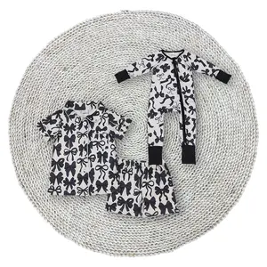 Baby Girls Black Color Bows Soft Stretchy Button Ups Short Sleeve Tops Shorts Pajamas Matching Lounge Wear Sleepwear Matching Zip Rompers