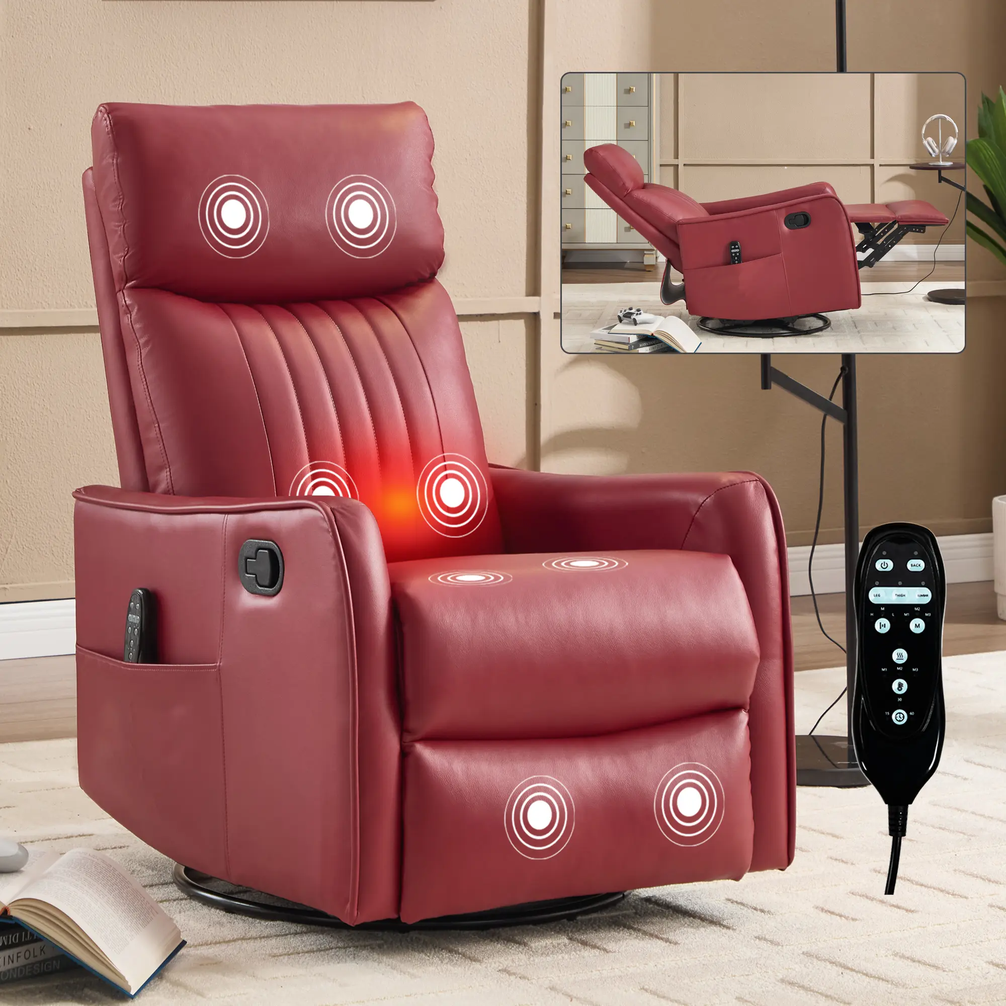Faux Leather Manual Recliner Chair with Heat & Massage, Rocker & Swivel Lounge Chair for Living Room, Red/Grayish Green/Brown/Black,summerwins Home Appliances