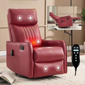 Faux Leather Manual Recliner Chair with Heat & Massage, Rocker & Swivel Lounge Chair for Living Room, Red/Grayish Green/Brown/Black