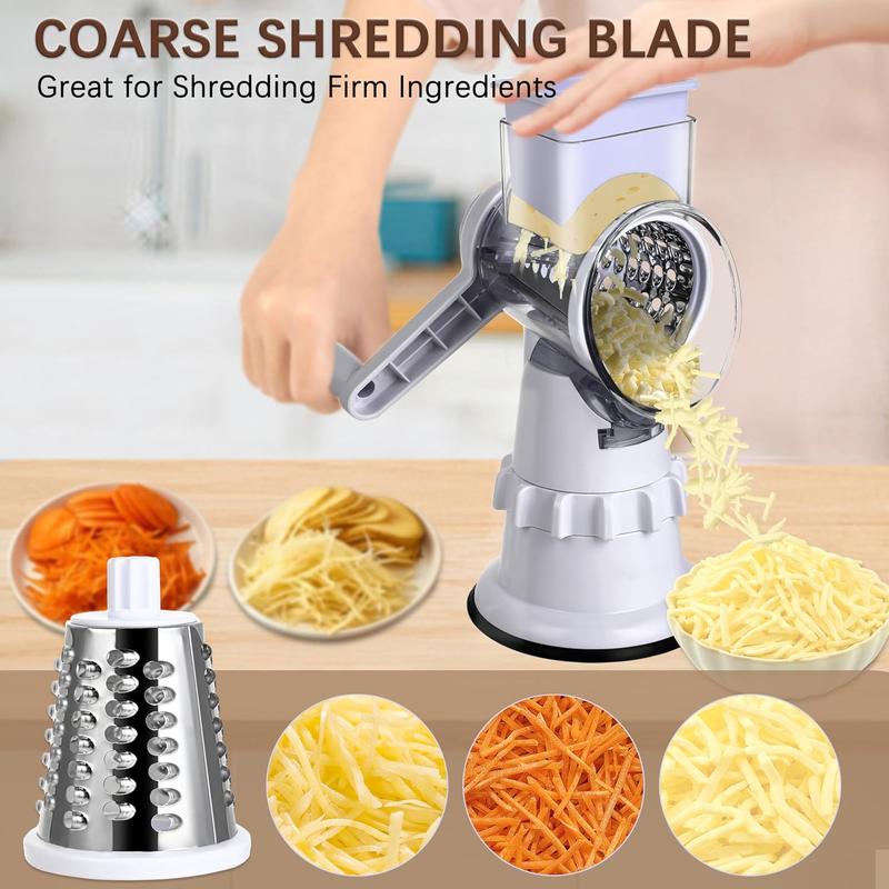 Rotary Cheese Grater Hand Crank Vegetable Slicer with 3 Stainless Steel Blades for Fruit Vegetables Nuts White Kitchen Tool Safe Easy Clean