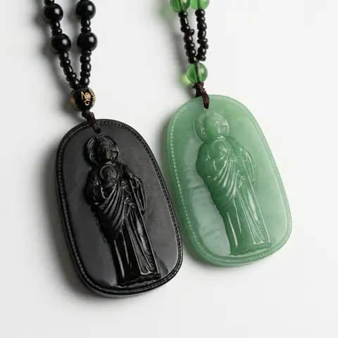 Unisex San Judas Tadeo Religious Pendant Necklace - Handmade Stone Charm, Gold-Plated Beaded Chain, Spiritual Protection Fashion Accessory, Daily Wear Meaningful Gift, Religious Pendant Necklaces