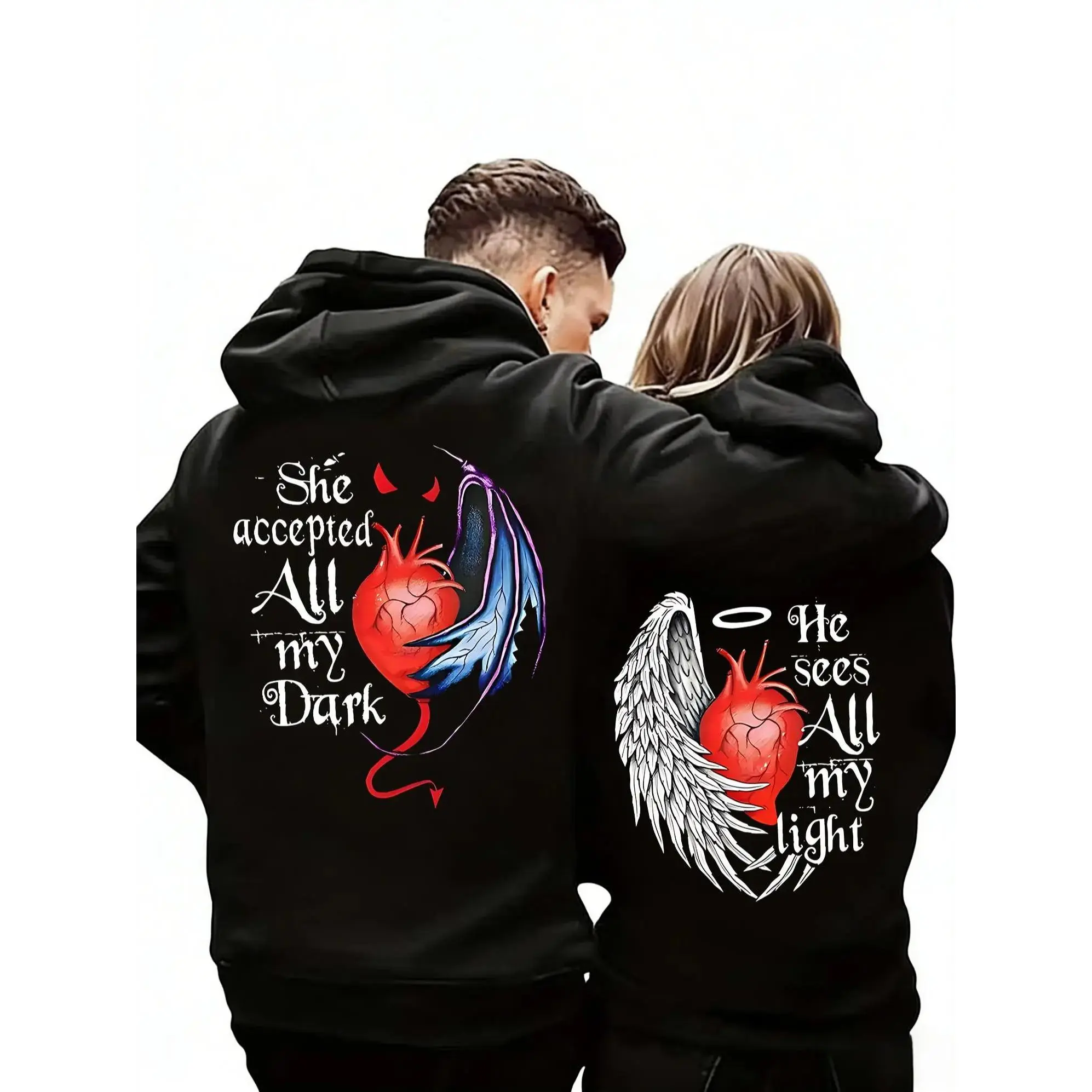 Valentine's Day Limited Edition Couple Graphic Hoodies - "He Sees All My Light/She Accepted All My Dark", Plush Long-Sleeved Fashion Tops, Kangaroo Pocket Customized Garment, Outdoor Sports Casual Sweatshirt, Adult Couple Gifts, T-Shirt
