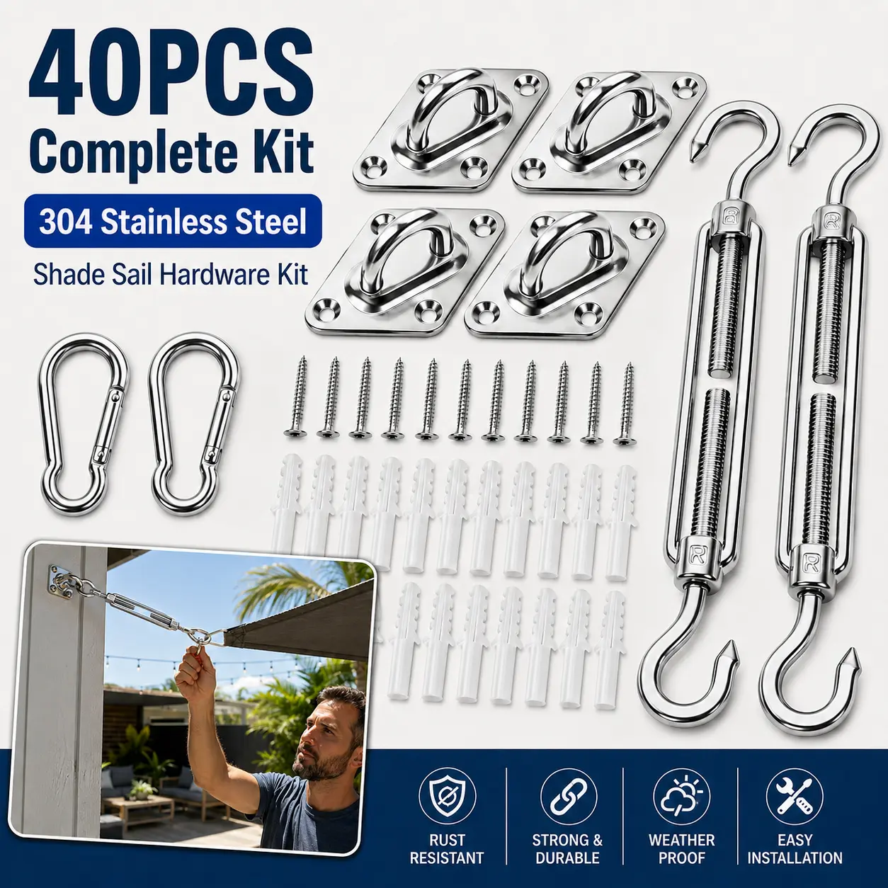 40PCS 304 Stainless Steel Shade Sail Hardware Full Set - Adjustable Turnbuckle, Snaphook Type, Pad Eyes, Screws & Anchors Complete Kit for Patio, Garden Stable Canopy Fit Installation Toolset