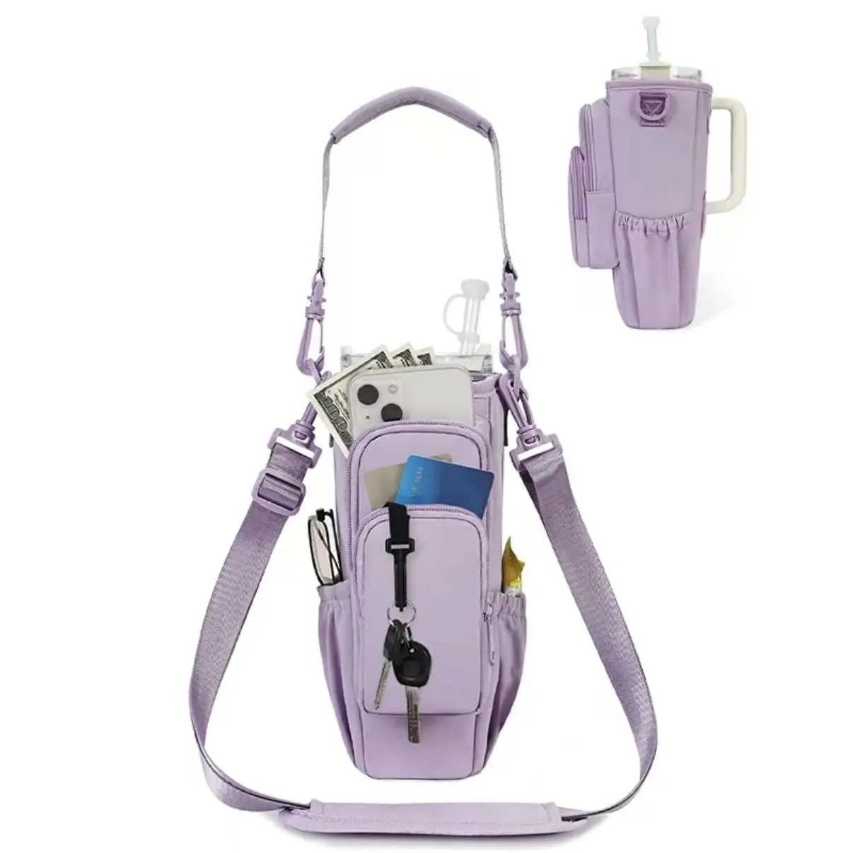 Sturdy Detachable Tumbler Accessories Water Bottle Carrier Bag for 30-40oz Tumblers, Machine Washable, Adjustable Shoulder Strap, Zip Phone & Large Wallet Pockets, Hot/Cold Insulation for Adult Outdoor Hiking