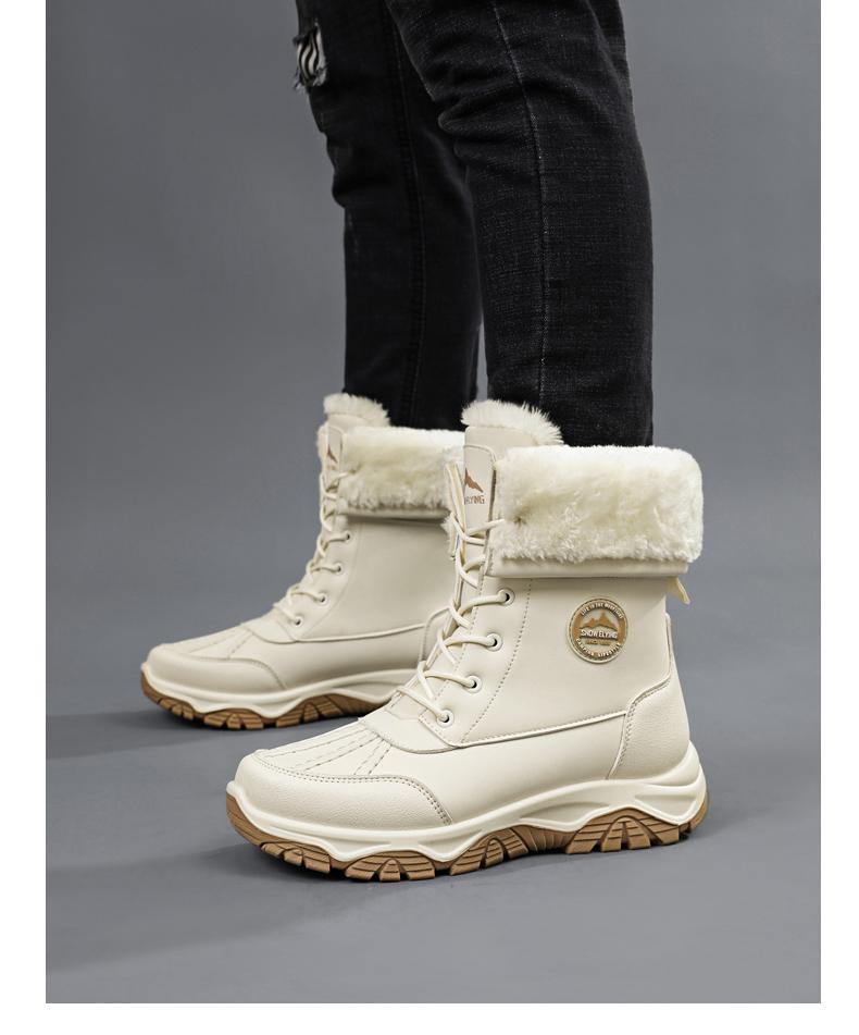 Men's Winter Internal Fleece Lined Snow Boots Casual Warm Thick Sole Suitable for Outdoor Activities Versatile Round Toe Shoes Daily Wear White Lace-Up Design