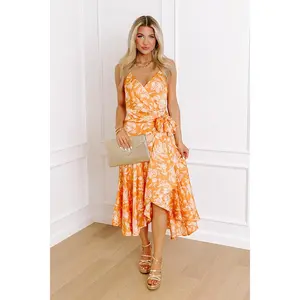 Dance And Sway Satin Wrap Dress in Orange