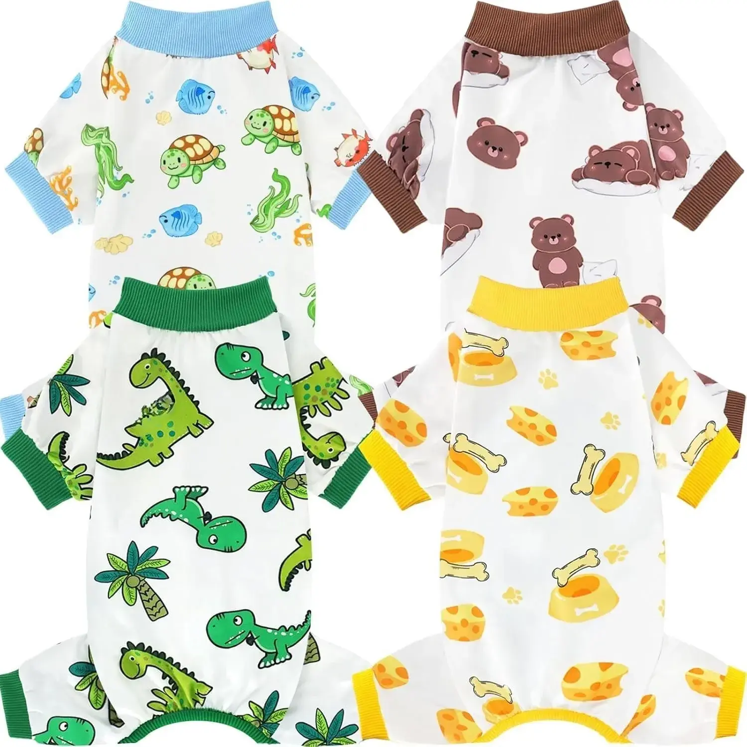 4-Pack Pet Dog & Cat Stretchy Soft Costumes - 4-Legs Design, Breathable Fabric, Themed Prints, Elastic Under Belly Small Dog Jumpsuits & Cat Onesies, Stretchy Elastic, Cozy Sleep