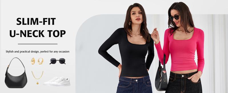 ATTRACO Women's Long Sleeve Square Neck Built-in Bra Top Slim Fit Stretch Fabric Basic T-Shirt Casual Classy Fashion Elegant Casual Classy Fashion Christmas Womenswear