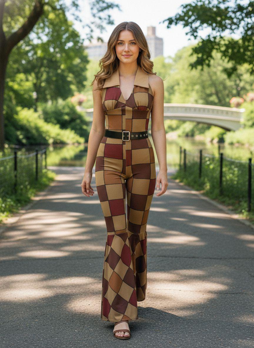 1970S GEOMETRIC PATTERN PATCHWORK HALTER JUMPSUIT Womenswear Overalls