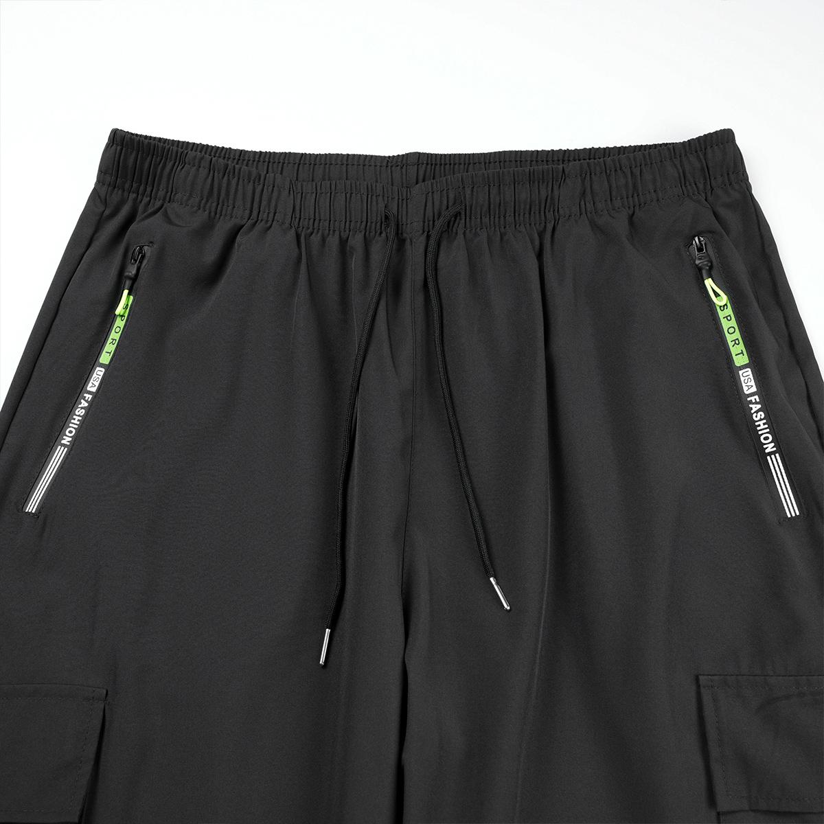 Men's spring-autumn style letter green zipper pocket work pants with fashionable large patch pocket design with drawstring elastic waist, suitable for jogging, hiking and daily wear. Valentine's Day gift.