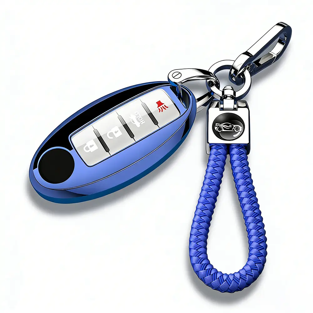 for Nissan Key Fob Cover with Leather Keychain, Soft TPU Full Protection Key Case Shell for Nissan Altima Maxima Rogue Armada Pathfinder Smart Key 4/5 Buttons (Black Silver Blue Red)