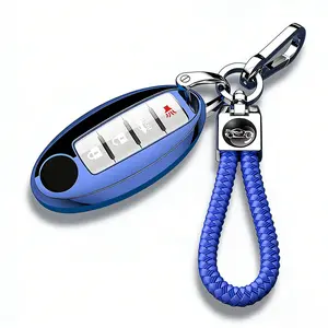 for Nissan Key Fob Cover with Leather Keychain, Soft TPU Full Protection Key Case Shell for Nissan Altima Maxima Rogue Armada Pathfinder Smart Key 4/5 Buttons (Black Silver Blue Red)