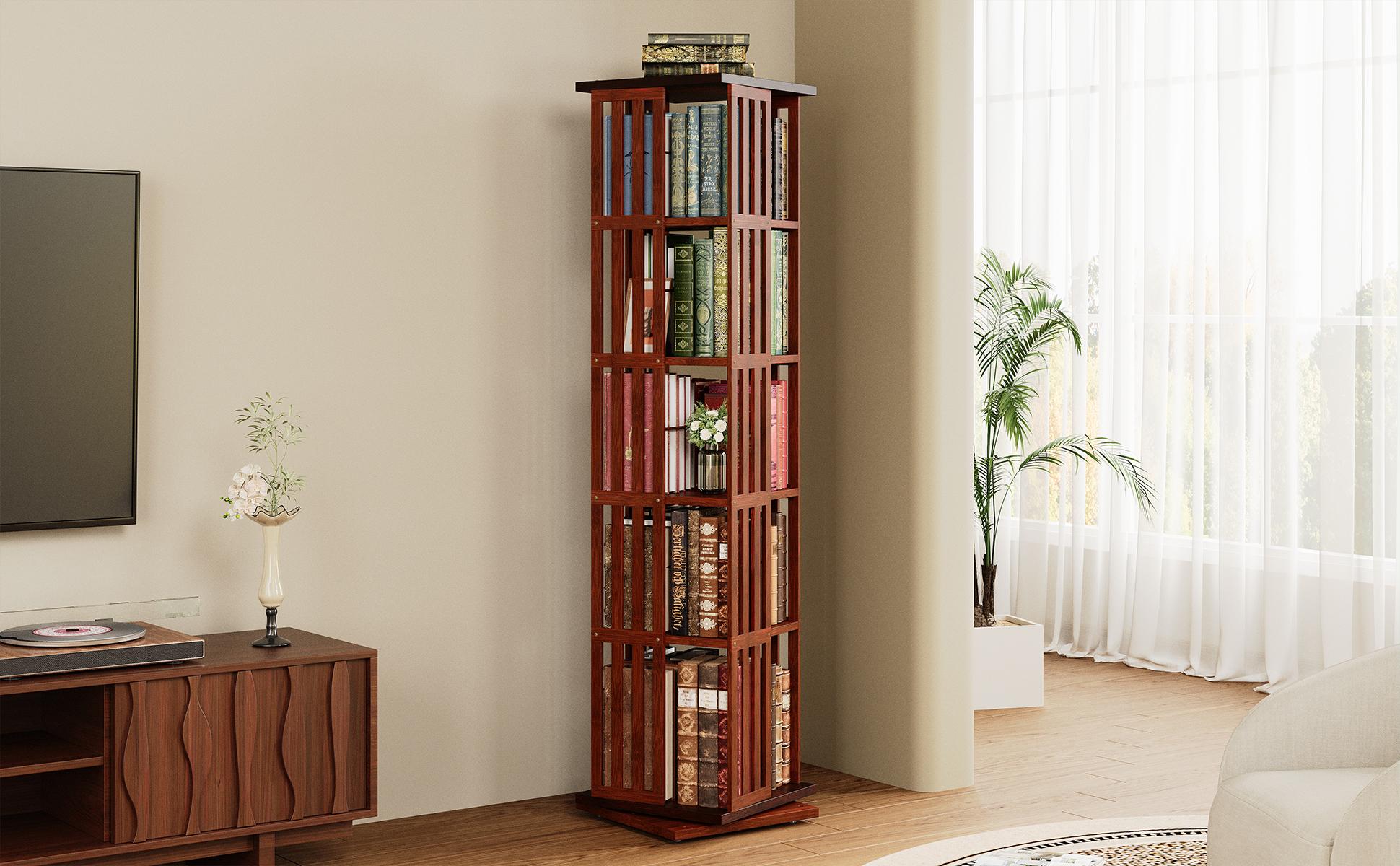 IRONCK 360° Rotating Bookshelf Tower, 5-Tier Spinning Display Storage Shelves 60 in Tall Bamboo Bookcase for Office, Living Room, Bedroom
