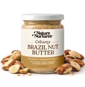 Creamy Brazil Nut Butter · 100% Brazil Nuts · Single Ingredient · No Fillers · Raw · Stone Ground for 12 Hours · Small Batch · Handcrafted in USA · High Protein · 100% Pure & Natural · No Added Sugar · No Palm Oil · Packed in Glass Jar · 9 oz (255 g)