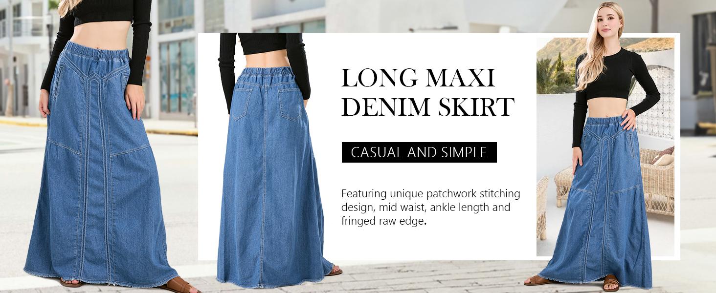 Ebossy Women's Denim Maxi Skirt with Pockets Elastic High Waist Frayed Hem A-Line Flowy Jean Skirt for Casual Wear Ebossy Women's Denim Maxi Skirt with Pockets Elastic High Waist Frayed Hem A-Line Flowy Jean Skirt for Casual Wear