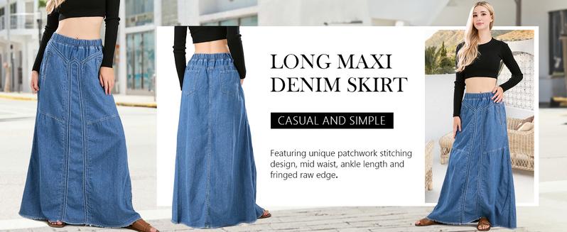 Ebossy Women's Denim Maxi Skirt with Pockets Elastic High Waist Frayed Hem A-Line Flowy Jean Skirt for Casual Wear Ebossy Women's Denim Maxi Skirt with Pockets Elastic High Waist Frayed Hem A-Line Flowy Jean Skirt for Casual Wear