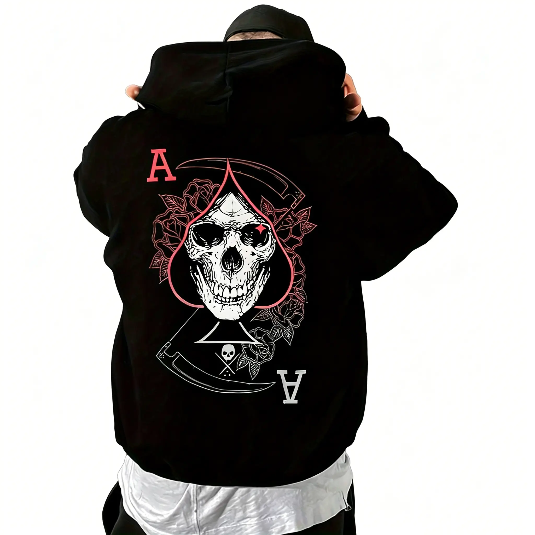 Men's Loose-Fit Graphic Pullover Hoodie, Skull Reaper Rose Print, Soft Breathable Long Sleeve Sweatshirt for Casual Streetwear, Tops, Sweatshirts, Menswear, Fabric, Longsleeves, Hooded Neck, Poly-Cotton, Sturdy Fabric Handles Daily Wear, Pullover Style, Q