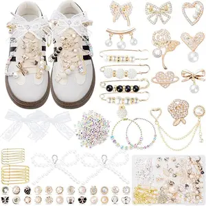Shoe Charms for Sneakers,Junk Socks Charms Kit with Letter Beads, Gold Brooches and Pins for Women, Gold Charm for Socks and Sneakers, Pearl and Rhinestone