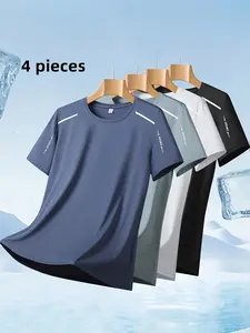 Men’s 4-Pack Quick-Dry Sports T-Shirts, Breathable Moisture-Wicking Crew Neck Short-Sleeve Tops, High-Stretch Cool & Comfortable Fast-Dry Pullover Shirts for Summer Casual Exercise