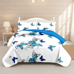 Blue Butterfly 3 Piece Soft All-Season Washed Microfiber And Viscose Bedspread Set In A Bag, King/Calking Bedding Set With Bedspread & Pillowcases, Print, Flowerd, Moisture-Wicking, Silky Soft Texture, Cooling, Breathable, Easy Care