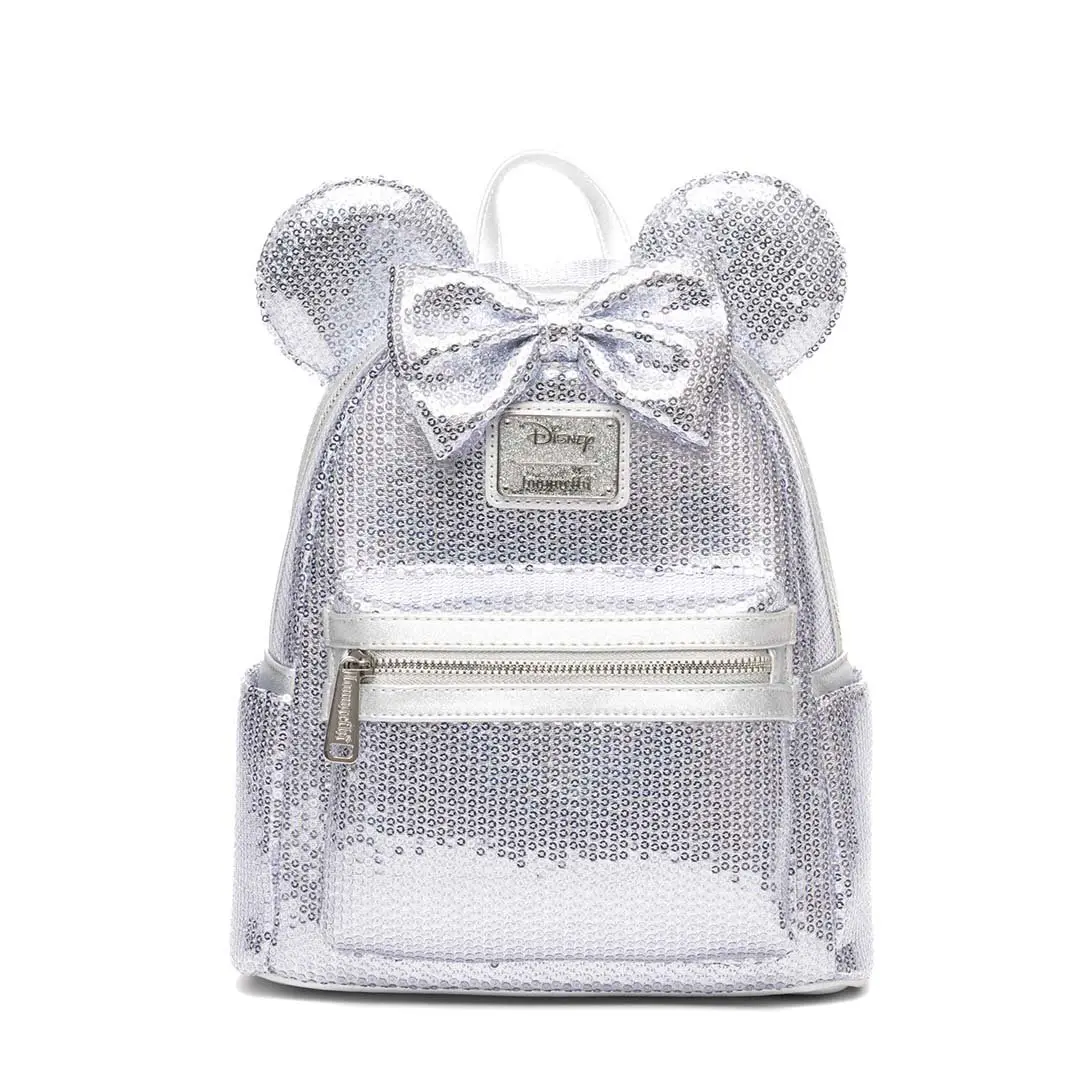 Loungefly Disney Minnie Mouse Platinum Sequin Mini Backpack, Faux Leather Bag with Minnie Ears & Bow, Sparkle Backpack